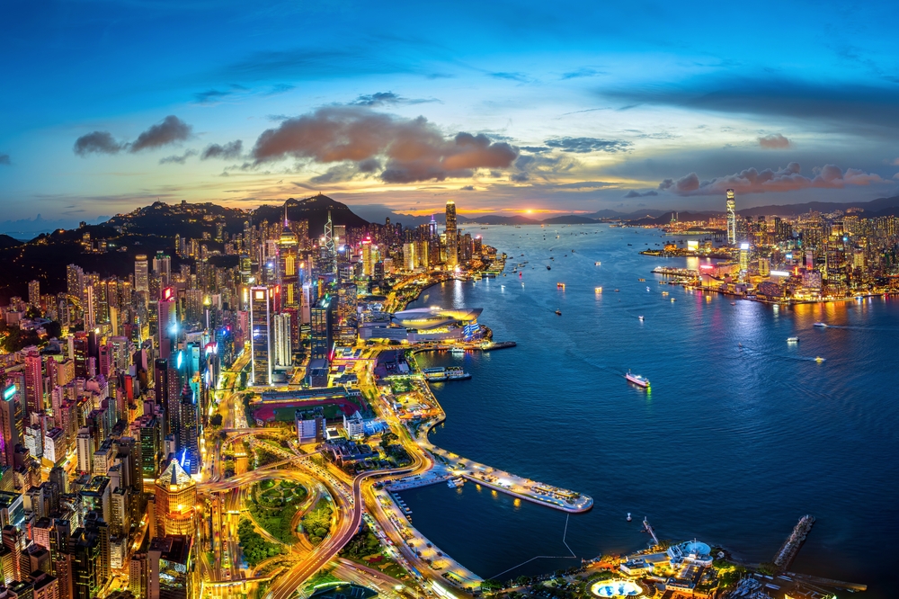 Aerial,View,Of,Traffic,At,Twilight,In,Hong,Kong. Hong Kong