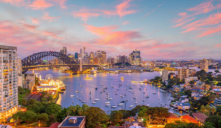 A birdseye view of a downtown Sydney skyline in Australia