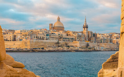 View of Valletta, Malta old town skyline from Sliema city on the other side of Marsans harbor during sunrise
