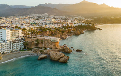 Aerial view of the famous mirador view point Balcon de Europa in Nerja resort town on Costa del Sol Mediterranean sea coast at sunrise in Andalusia, Spain